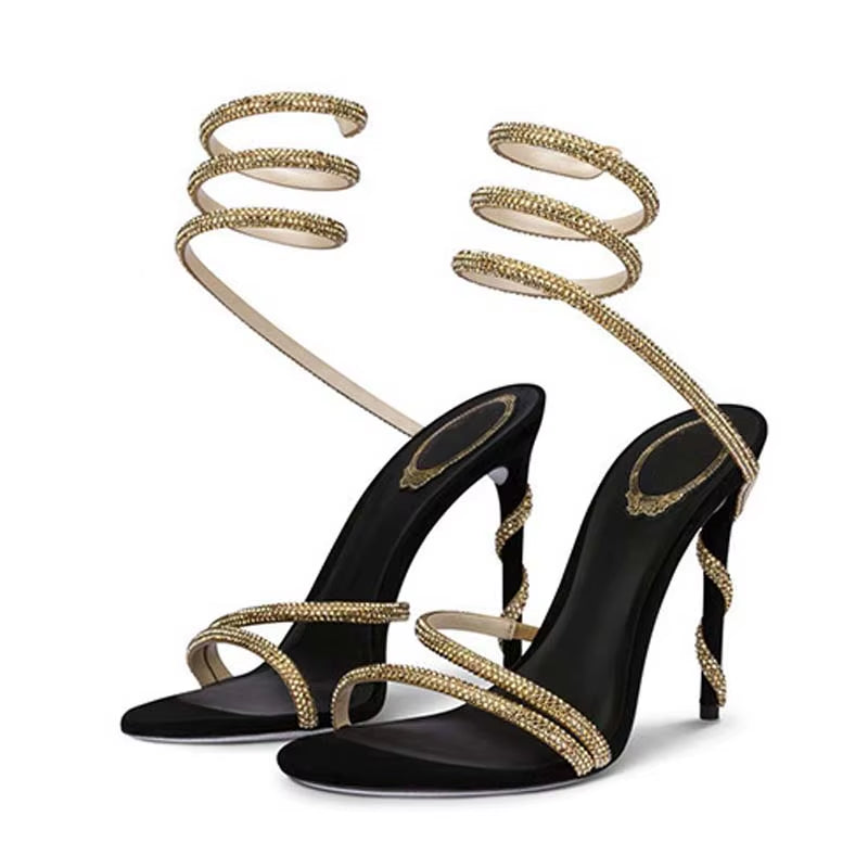 Eilyken Fashion Style Crystal Diamond Ankle Strap Women Sandals Sexy Open Toe Thin High Heels Nightclub Banquet Party Shoes