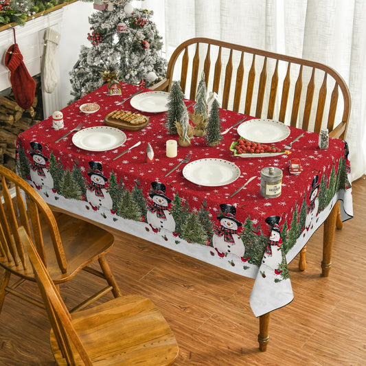 Christmas Tablecloth 60×84 Inch, Winter Snowman Trees Red Washable Table Cover for Party Picnic Dinner Decor