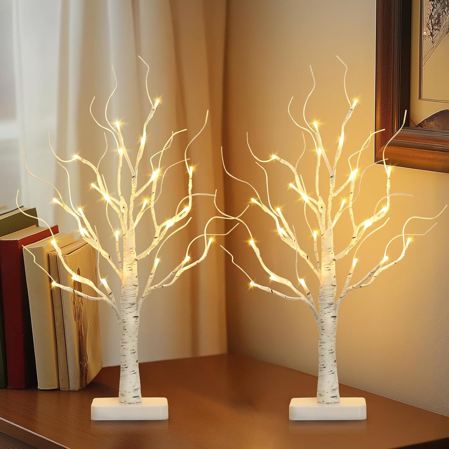 2 Pack Lighted Birch Tree, Christmas Artificial Tree Battery Operated Timer with 24 Warm White Lights, Tabletop Tree Christmas Decorations Centerpiece with for Wedding Party Home Room Decor