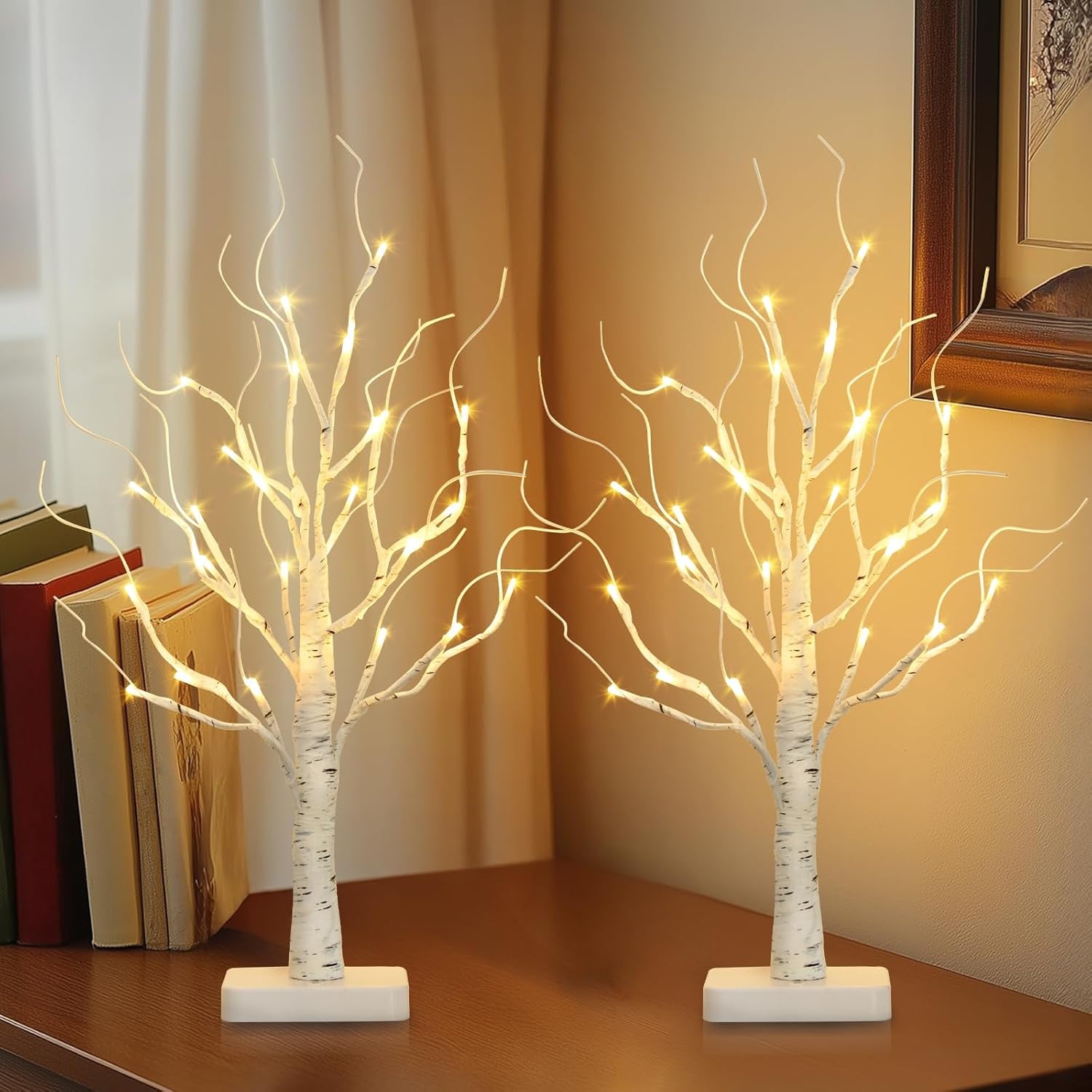 2 Pack Lighted Birch Tree, Christmas Artificial Tree Battery Operated Timer with 24 Warm White Lights, Tabletop Tree Christmas Decorations Centerpiece with for Wedding Party Home Room Decor