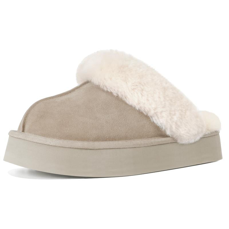 Fuzzy Platform Slippers for Women - Women'S Casual Winter House Slippers - Brown, Faux Fur & Shearling Blend - Women'S Size