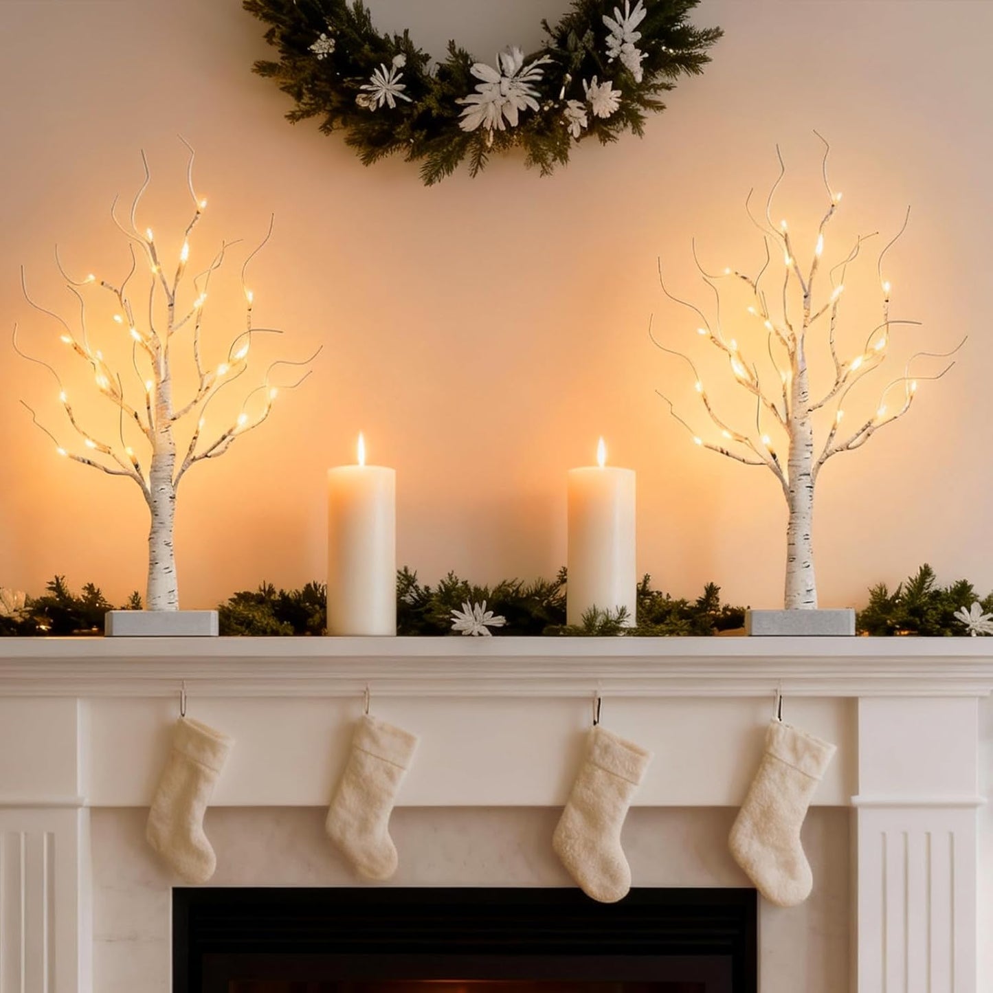 2 Pack Lighted Birch Tree, Christmas Artificial Tree Battery Operated Timer with 24 Warm White Lights, Tabletop Tree Christmas Decorations Centerpiece with for Wedding Party Home Room Decor