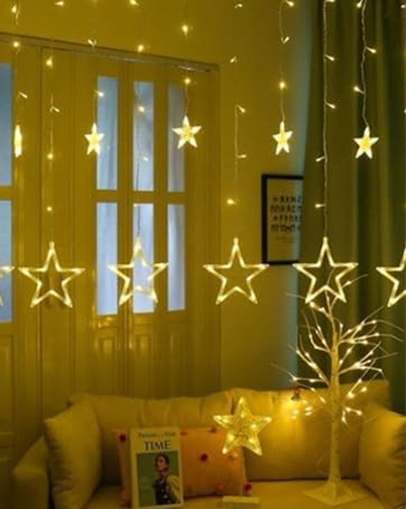 12 Stars 138 LED Curtain Lights, Christmas Outdoor Decor Window Curtain String Lights with 8 Flashing Modes Ramadan Decoration for Christmas, Wedding, Party, Home Bedroom Decorations (Warm White)