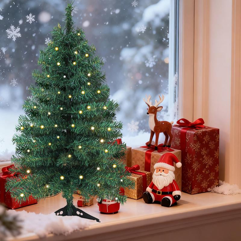 Okicoler 3 Ft Pre-Lit Christmas Tree, Artificial Christmas Trees with Lighting, Xmas Trees with 25 Led Lights, 100 Branch Christmas Decoration for Home, Office, Easy Assembly Ornaments