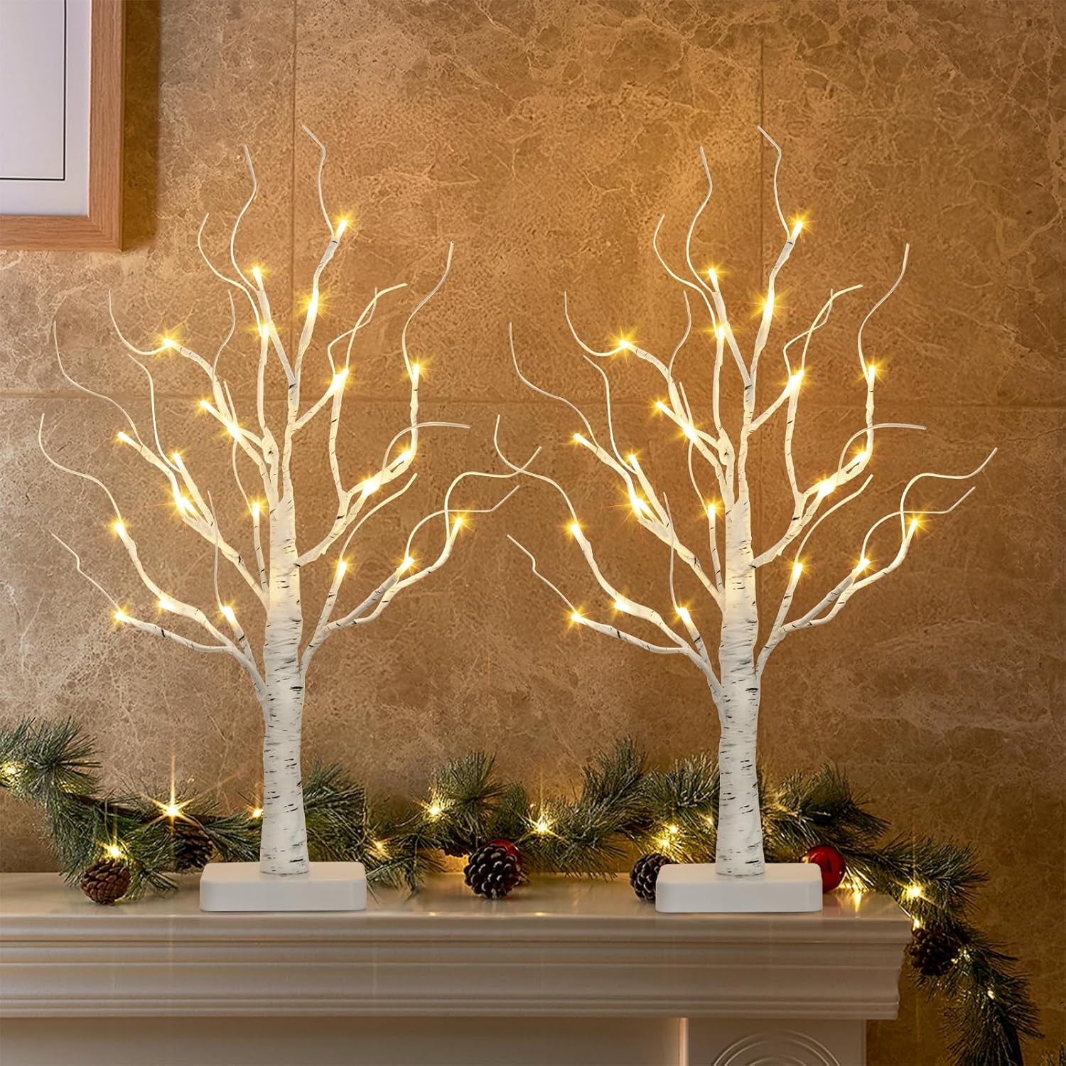 2 Pack Lighted Birch Tree, Christmas Artificial Tree Battery Operated Timer with 24 Warm White Lights, Tabletop Tree Christmas Decorations Centerpiece with for Wedding Party Home Room Decor