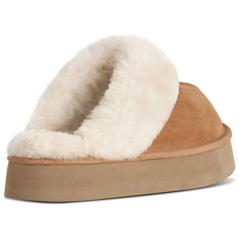 Fuzzy Platform Slippers for Women - Women'S Casual Winter House Slippers - Brown, Faux Fur & Shearling Blend - Women'S Size