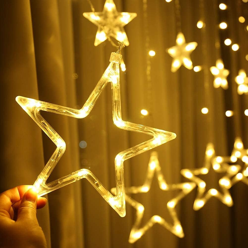 12 Stars 138 LED Curtain Lights, Christmas Outdoor Decor Window Curtain String Lights with 8 Flashing Modes Ramadan Decoration for Christmas, Wedding, Party, Home Bedroom Decorations (Warm White)