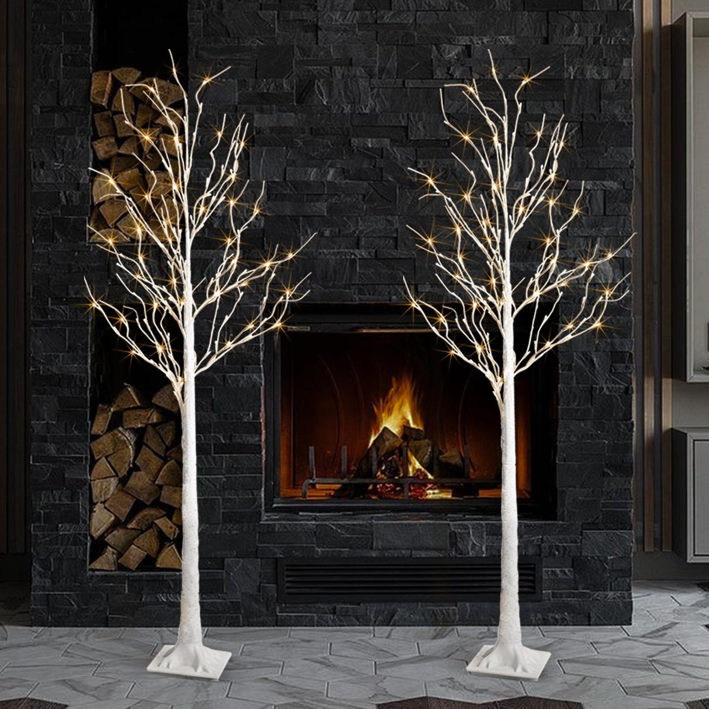 Birch Tree Lights,2 Pack 6 Feet Prelit White Artificial Christmas Trees,Birch Tree with LED Lights, Twinkling Twig Tree for Xmas Home Party Garden Indoor Outdoor Decor