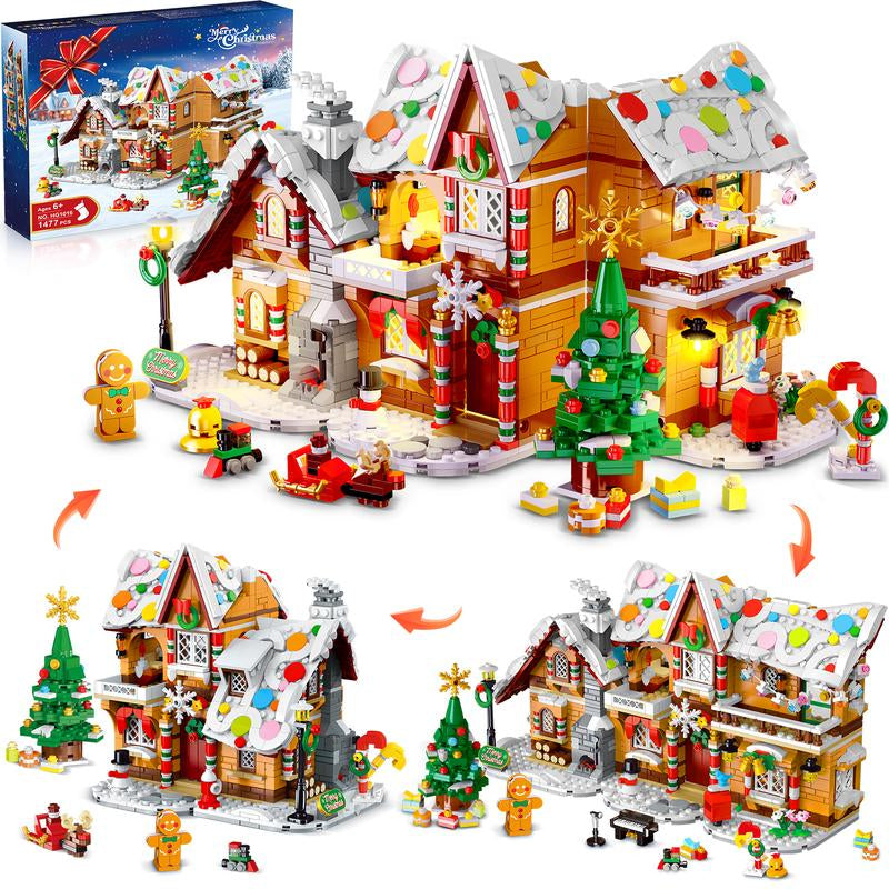 2025 Snowscape Village (Santa, Xmas Tree, Train),3-Style Christmas Gingerbread House Building Set with LED, 1477 PCS, Gift for 6+ Adults & Kids