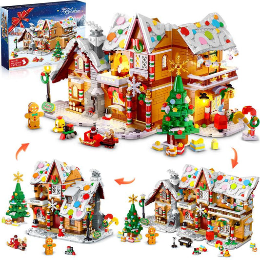 2025 Snowscape Village (Santa, Xmas Tree, Train),3-Style Christmas Gingerbread House Building Set with LED, 1477 PCS, Gift for 6+ Adults & Kids
