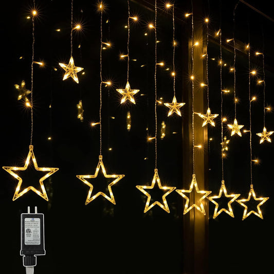 12 Stars 138 LED Curtain Lights, Christmas Outdoor Decor Window Curtain String Lights with 8 Flashing Modes Ramadan Decoration for Christmas, Wedding, Party, Home Bedroom Decorations (Warm White)