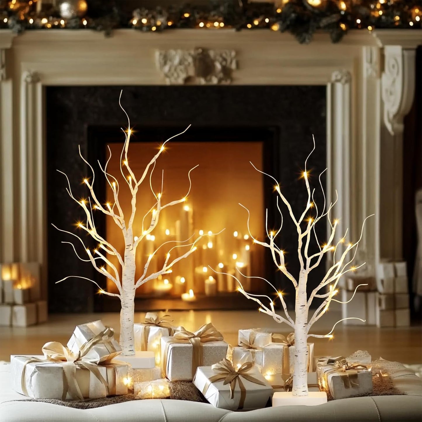 2 Pack Lighted Birch Tree, Christmas Artificial Tree Battery Operated Timer with 24 Warm White Lights, Tabletop Tree Christmas Decorations Centerpiece with for Wedding Party Home Room Decor