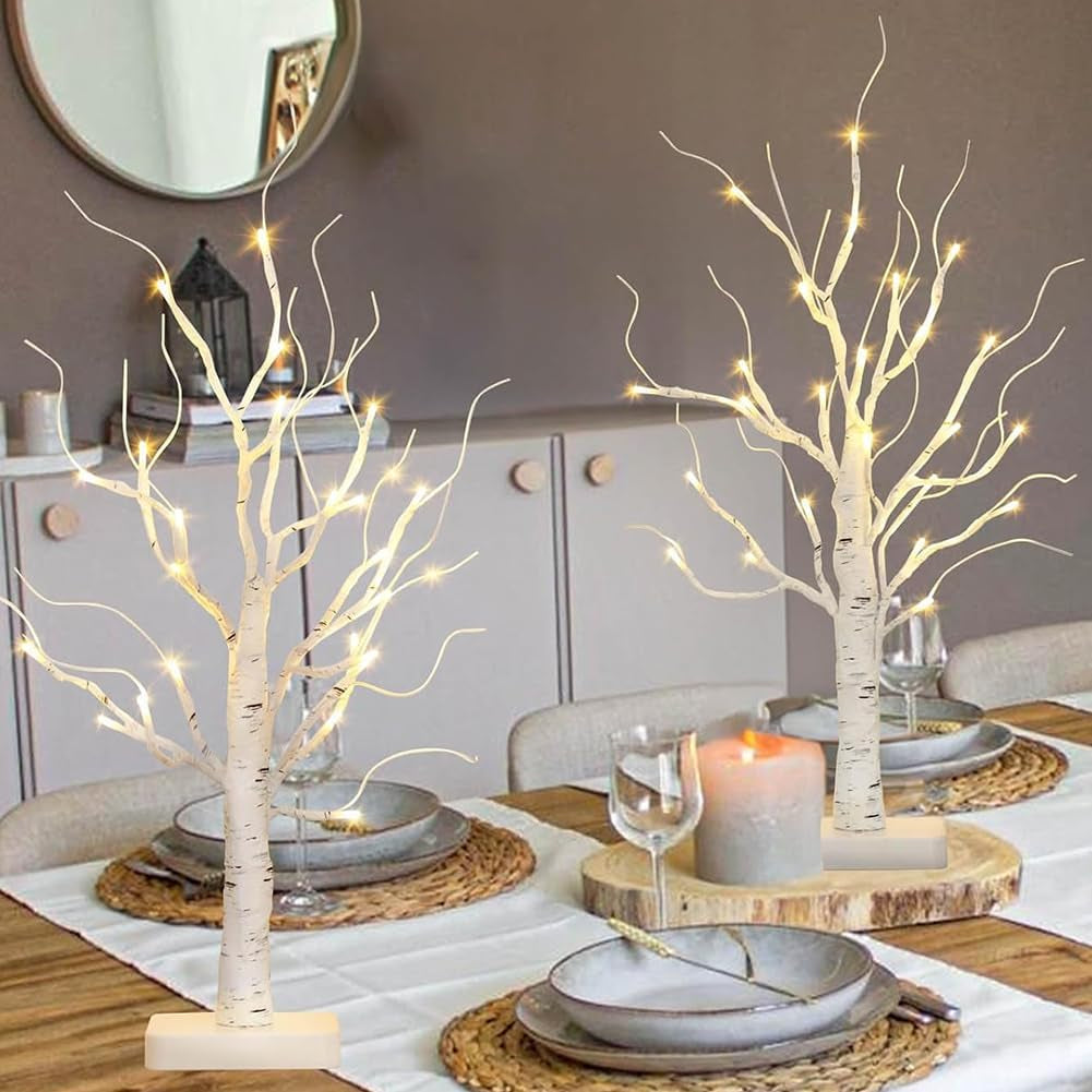 2 Pack Lighted Birch Tree, Christmas Artificial Tree Battery Operated Timer with 24 Warm White Lights, Tabletop Tree Christmas Decorations Centerpiece with for Wedding Party Home Room Decor