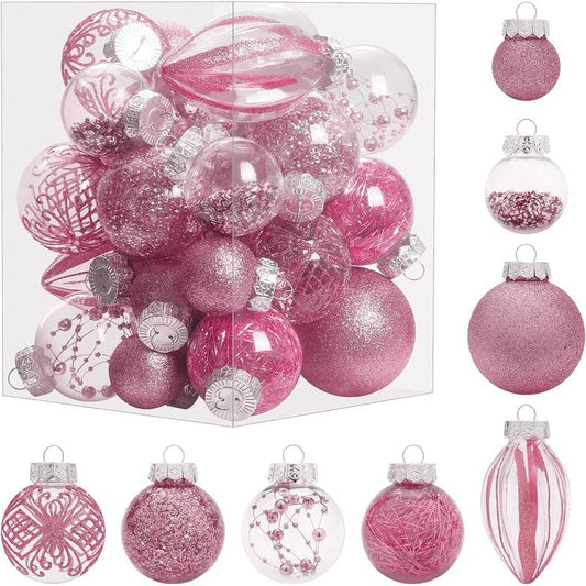 Christmas Ornaments Set, 32Pcs Clear Plastic Shatterproof Christmas Ball Hanging Ornaments for Xmas Tree Decorations, for Indoor Home Thanksgiving Party Holiday Decor - Pink.