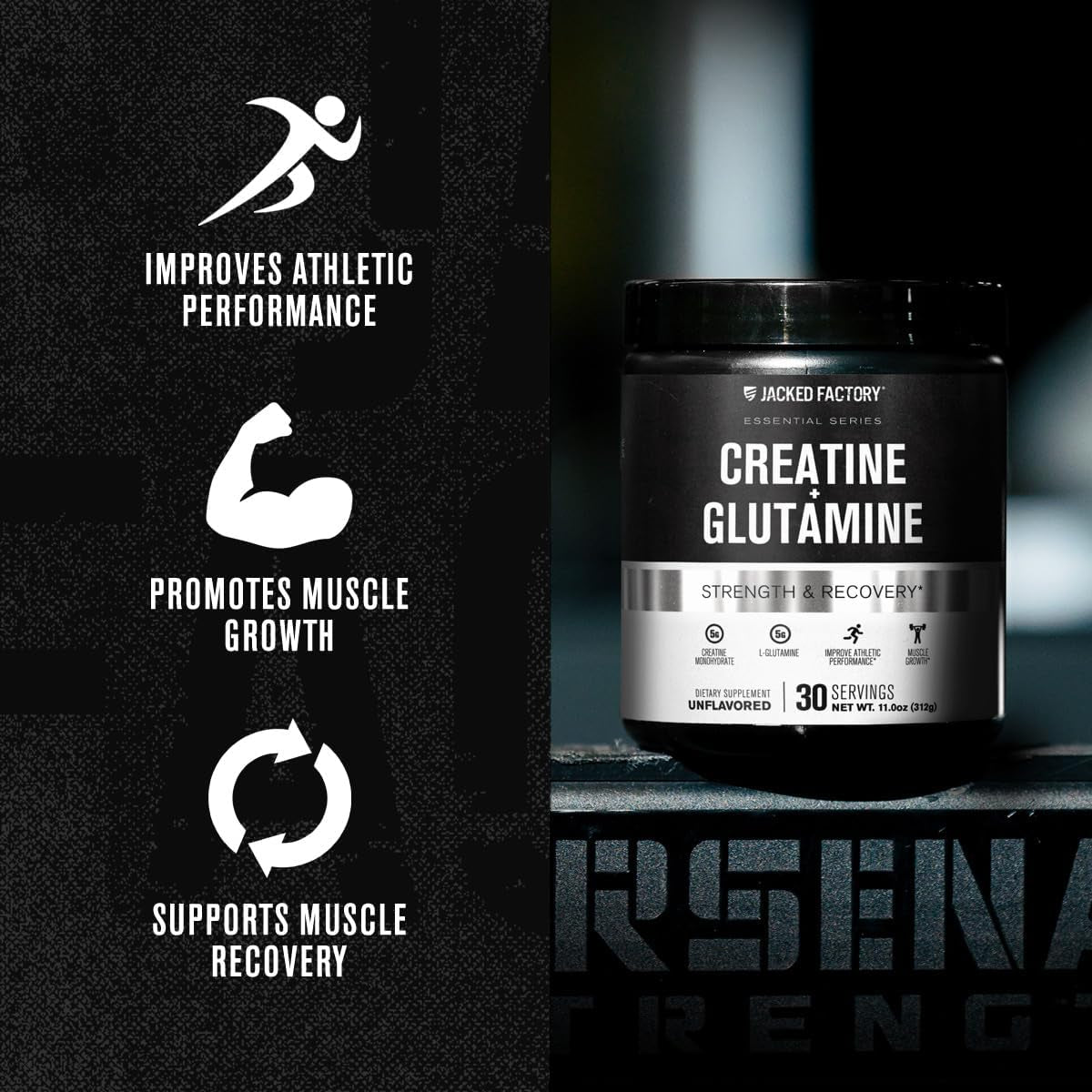 Creatine + Glutamine - Canadian-Owned Supplement with L-Glutamine for Muscle Recovery & Growth, Increased Strength, Enhanced Energy Output, and Gut Health - 30 Servings