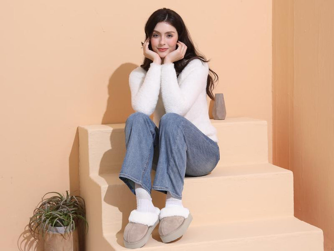 Fuzzy Platform Slippers for Women - Women'S Casual Winter House Slippers - Brown, Faux Fur & Shearling Blend - Women'S Size