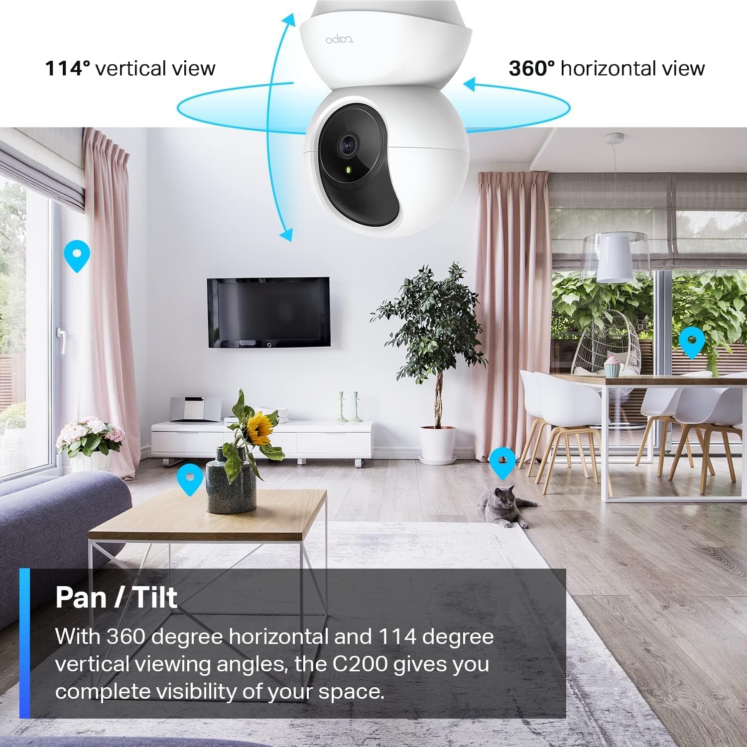 Tp-Link  Smart Pan/Tilt Indoor Security Camera, 360° Motion Tracking, 1080P Full HD Wifi Camera for Pet/Baby, Night Vision, 2-Way Audio, 128 GB Local Storage, Works W/Alexa & Google ( C200)