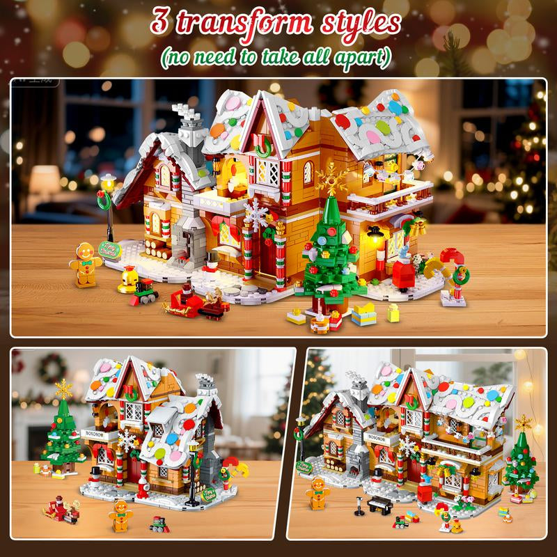 2025 Snowscape Village (Santa, Xmas Tree, Train),3-Style Christmas Gingerbread House Building Set with LED, 1477 PCS, Gift for 6+ Adults & Kids
