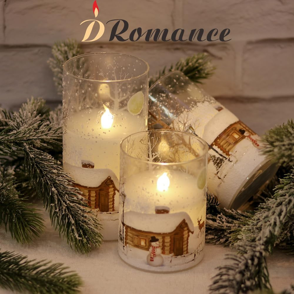 Snowman Glass Flameless Candles Battery Operated with Remote and Timer Real Wax LED Flickering Pillar Candles White Cold Light Window Christmas Holiday Decor D3 X 4",5",6"