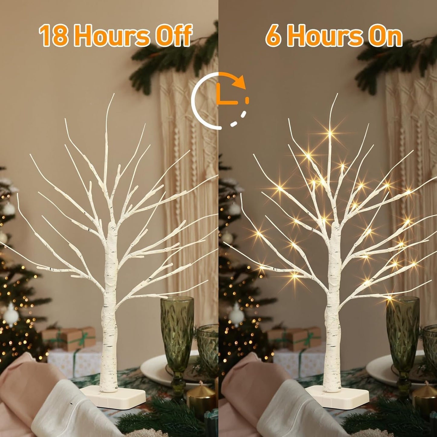 2 Pack Lighted Birch Tree, Christmas Artificial Tree Battery Operated Timer with 24 Warm White Lights, Tabletop Tree Christmas Decorations Centerpiece with for Wedding Party Home Room Decor