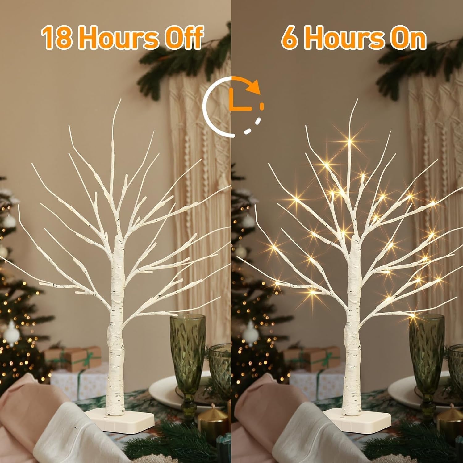 2 Pack Lighted Birch Tree, Christmas Artificial Tree Battery Operated Timer with 24 Warm White Lights, Tabletop Tree Christmas Decorations Centerpiece with for Wedding Party Home Room Decor