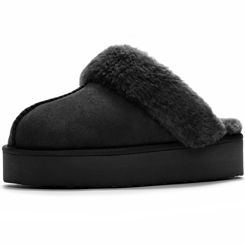 Fuzzy Platform Slippers for Women - Women'S Casual Winter House Slippers - Brown, Faux Fur & Shearling Blend - Women'S Size