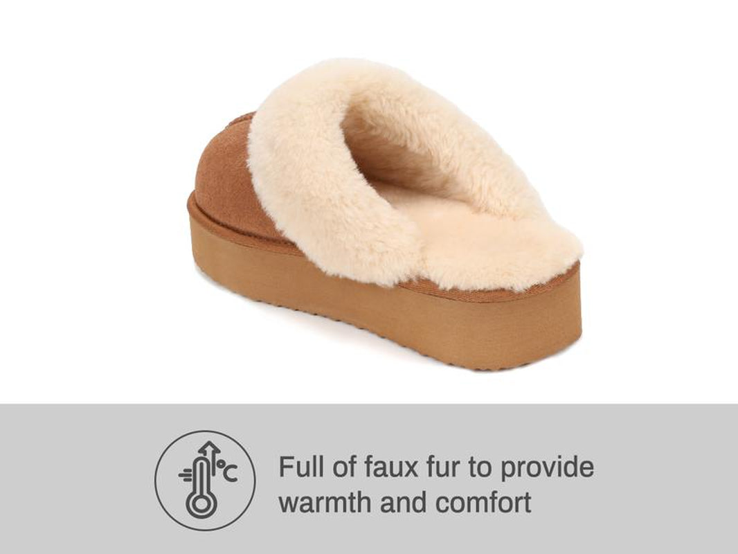 Fuzzy Platform Slippers for Women - Women'S Casual Winter House Slippers - Brown, Faux Fur & Shearling Blend - Women'S Size
