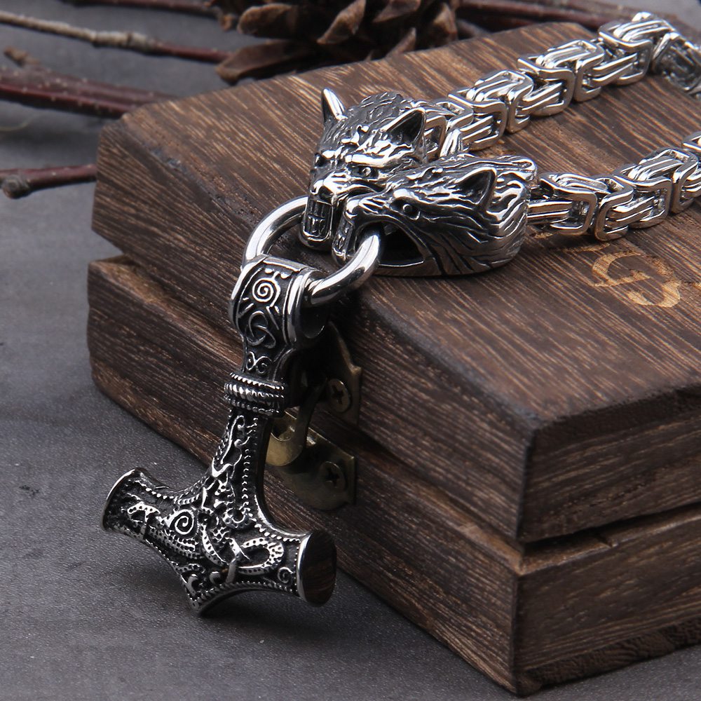 Mjolnir Thor'S Hammer Wolf Necklace