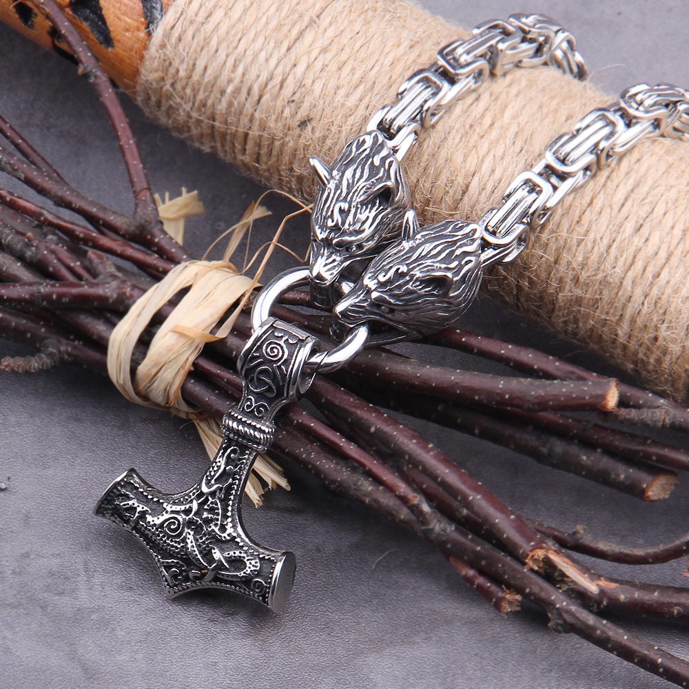 Mjolnir Thor'S Hammer Wolf Necklace