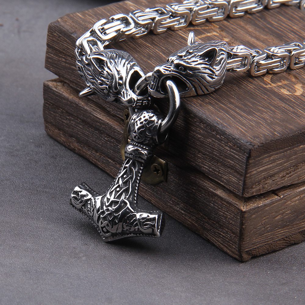 Mjolnir Thor'S Hammer Wolf Necklace