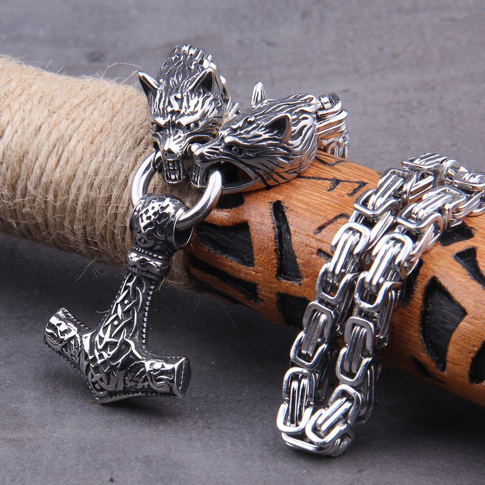 Mjolnir Thor'S Hammer Wolf Necklace