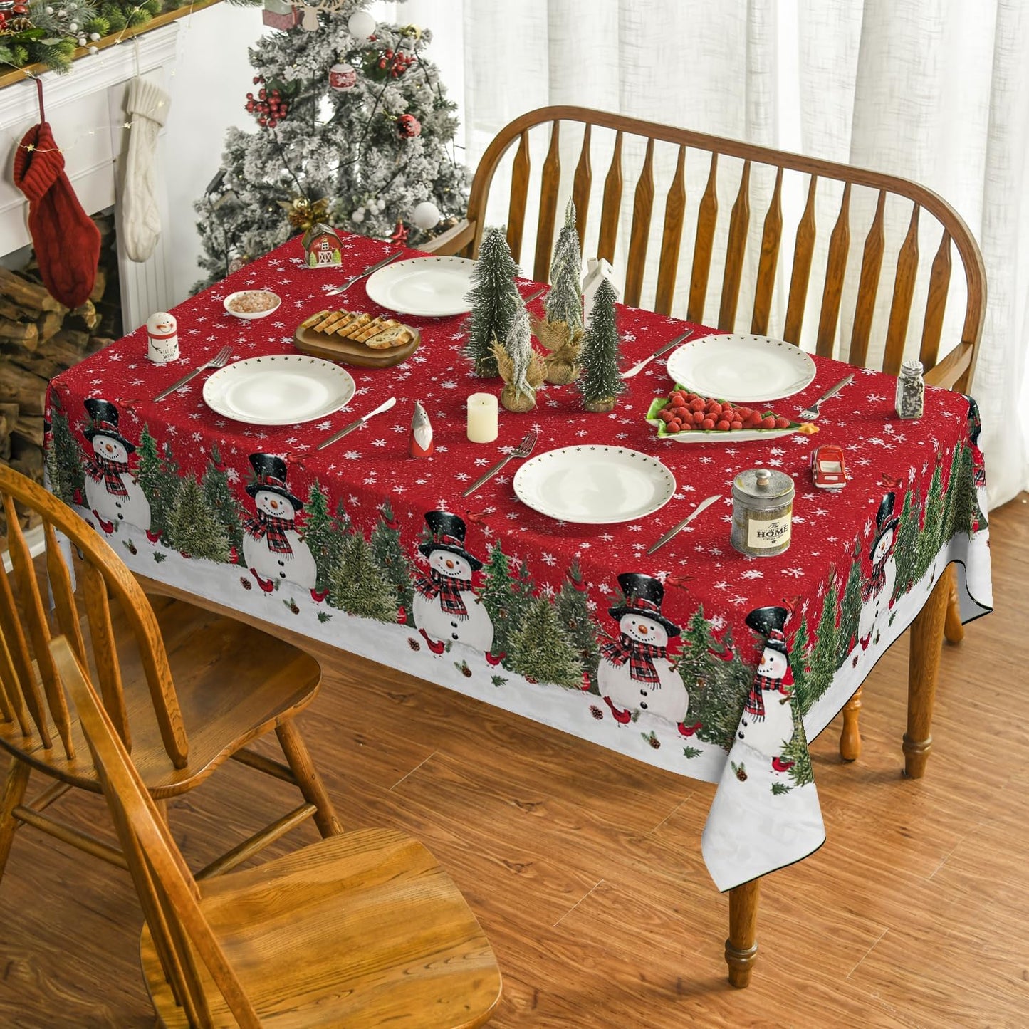 Christmas Tablecloth 60×84 Inch, Winter Snowman Trees Red Washable Table Cover for Party Picnic Dinner Decor