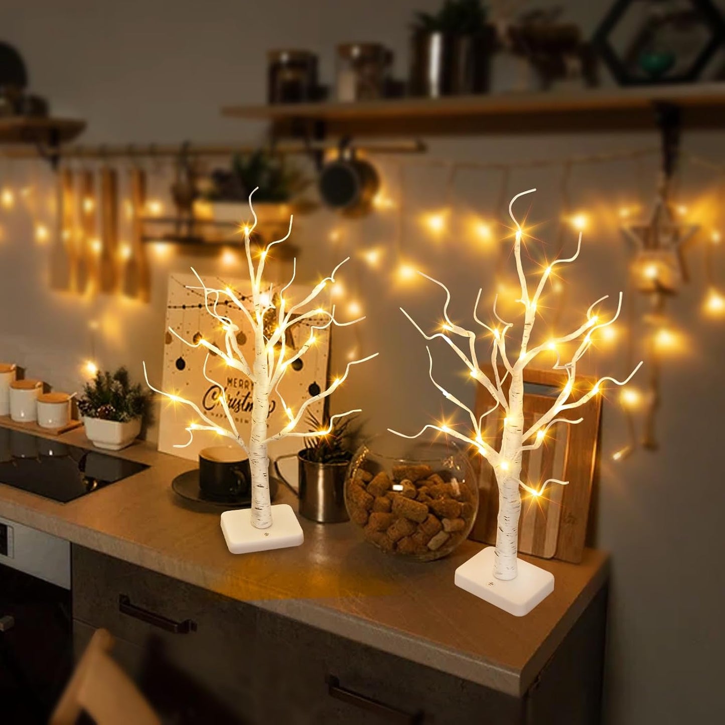 2 Pack Lighted Birch Tree, Christmas Artificial Tree Battery Operated Timer with 24 Warm White Lights, Tabletop Tree Christmas Decorations Centerpiece with for Wedding Party Home Room Decor