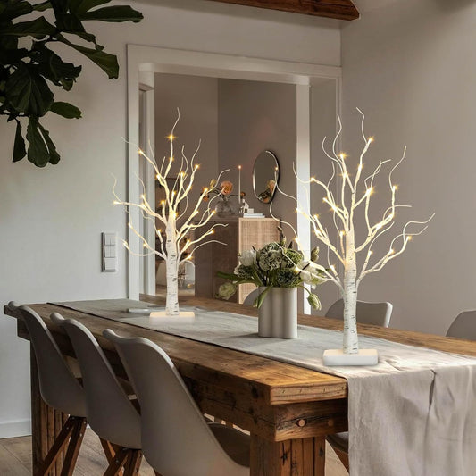 2 Pack Lighted Birch Tree, Christmas Artificial Tree Battery Operated Timer with 24 Warm White Lights, Tabletop Tree Christmas Decorations Centerpiece with for Wedding Party Home Room Decor