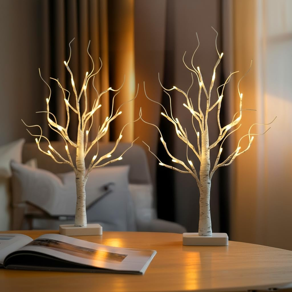 2 Pack Lighted Birch Tree, Christmas Artificial Tree Battery Operated Timer with 24 Warm White Lights, Tabletop Tree Christmas Decorations Centerpiece with for Wedding Party Home Room Decor