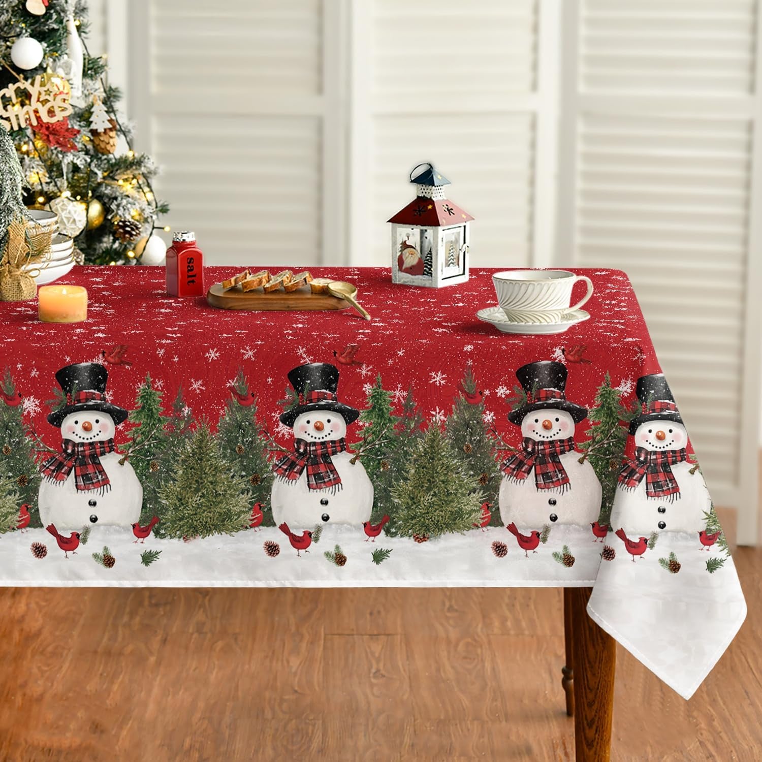 Christmas Tablecloth 60×84 Inch, Winter Snowman Trees Red Washable Table Cover for Party Picnic Dinner Decor