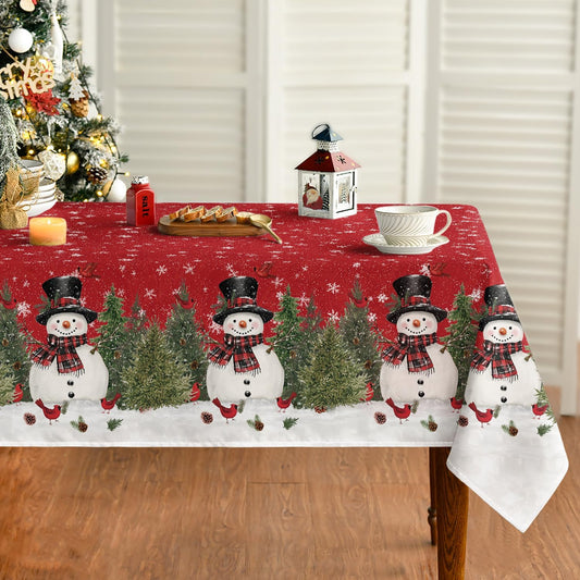 Christmas Tablecloth 60×84 Inch, Winter Snowman Trees Red Washable Table Cover for Party Picnic Dinner Decor