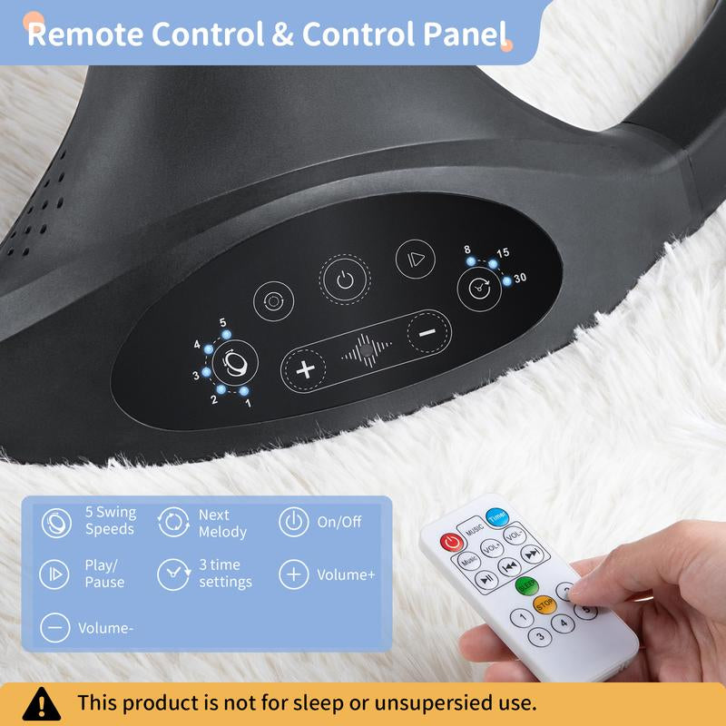 Baby Swing for Infants to Toddlers，Electric Portable Newborn Bouncer ，5 Speeds and Remote Control ，10 Preset Melodies and Bluetooth,0-6 Months Max 20 Lbs (Black)