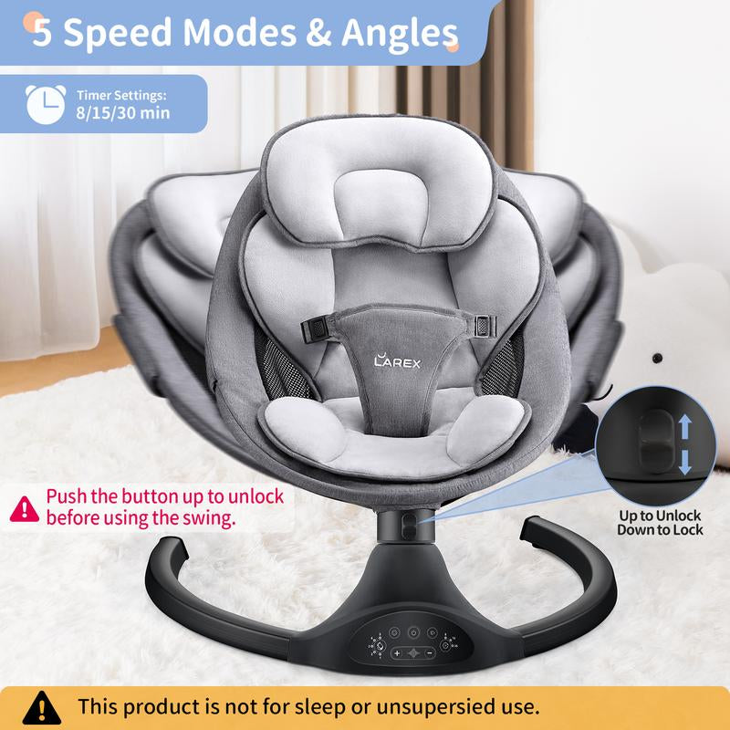 Baby Swing for Infants to Toddlers，Electric Portable Newborn Bouncer ，5 Speeds and Remote Control ，10 Preset Melodies and Bluetooth,0-6 Months Max 20 Lbs (Black)