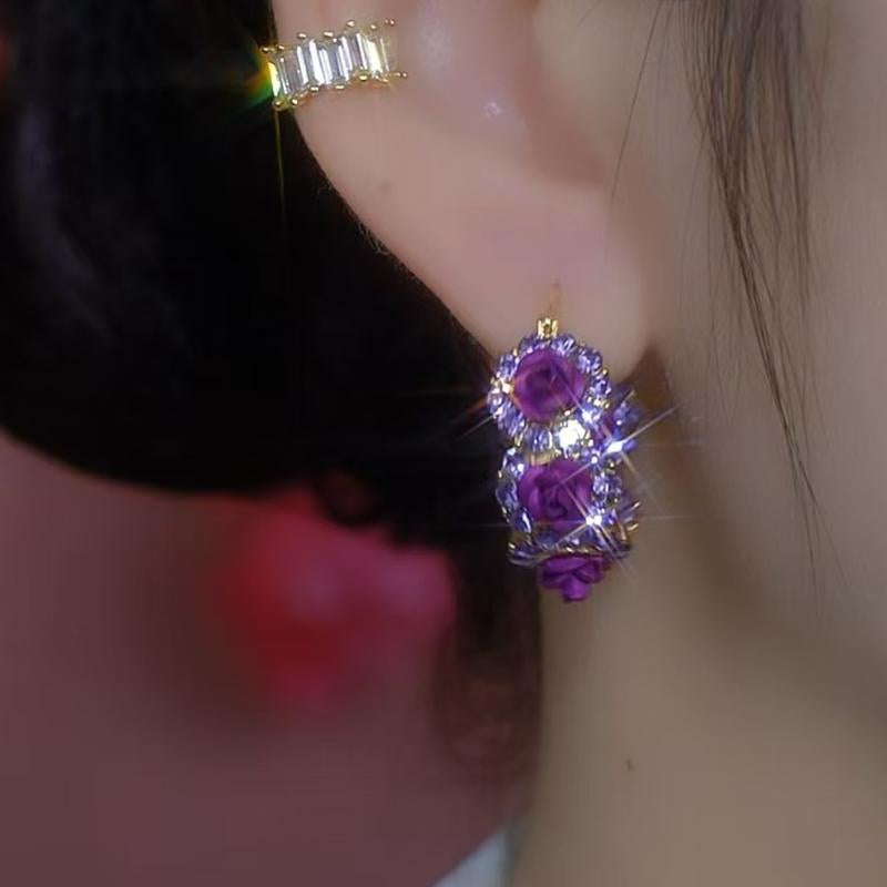 French Purple Rose Earrings for Women, Romantic Chic Jewelry, Luxury Elegant Statement Hoops 2025 Trend