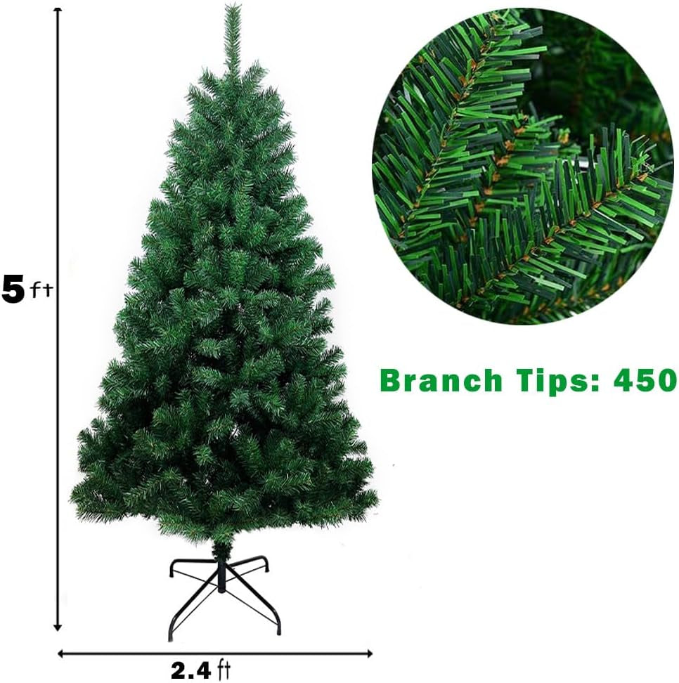 Green Artificial Christmas Tree，Easy Assembly Christmas Tree with 450 Branch Tips Decor and Metal Stand for Indoor, Home, Yard, Garden Christmas Decor