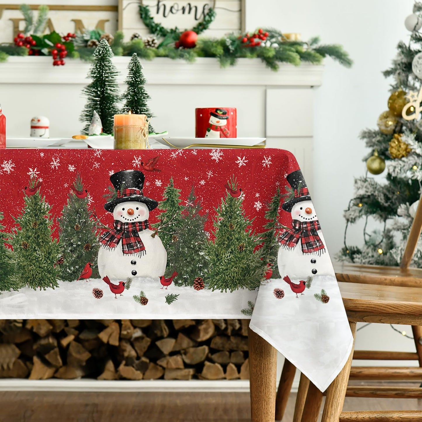 Christmas Tablecloth 60×84 Inch, Winter Snowman Trees Red Washable Table Cover for Party Picnic Dinner Decor
