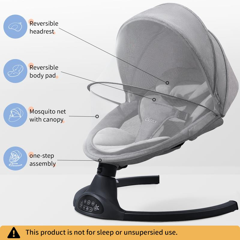 Baby Swing for Infants to Toddlers，Electric Portable Newborn Bouncer ，5 Speeds and Remote Control ，10 Preset Melodies and Bluetooth,0-6 Months Max 20 Lbs (Black)