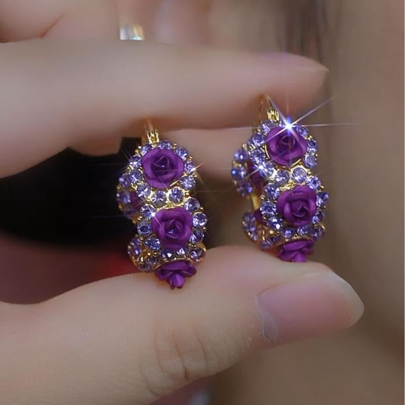 French Purple Rose Earrings for Women, Romantic Chic Jewelry, Luxury Elegant Statement Hoops 2025 Trend